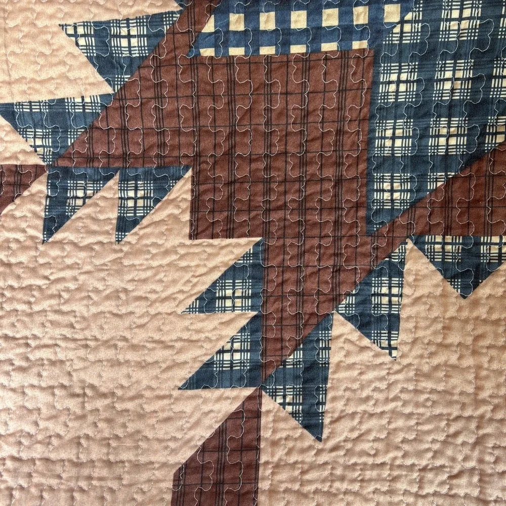 Handmade Primitive Star Patchwork Quilt Brown Blue Farmhouse Lap Throw 48x58